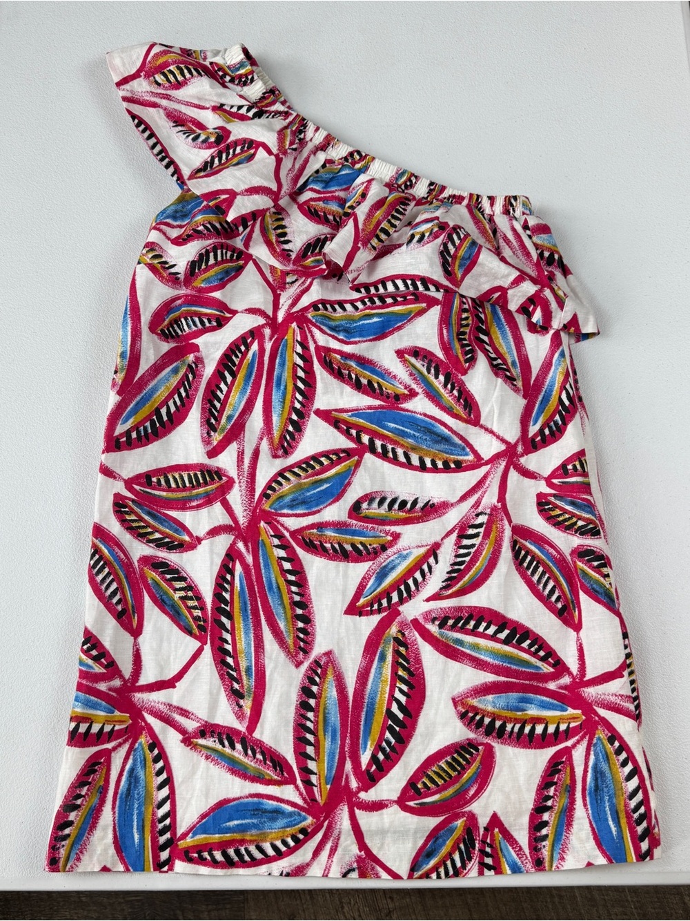 J Crew One Shoulder Shift Dress Womens XS Mini Dress Pink White Lined Ruffled